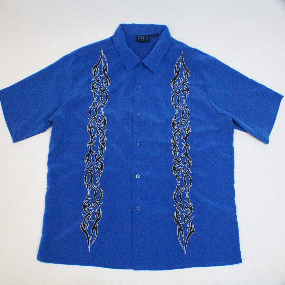 MT:2 Mens XL Royal Blue Tribal Graphic Short Sleeve Button Down Shirt Y2K Edgy